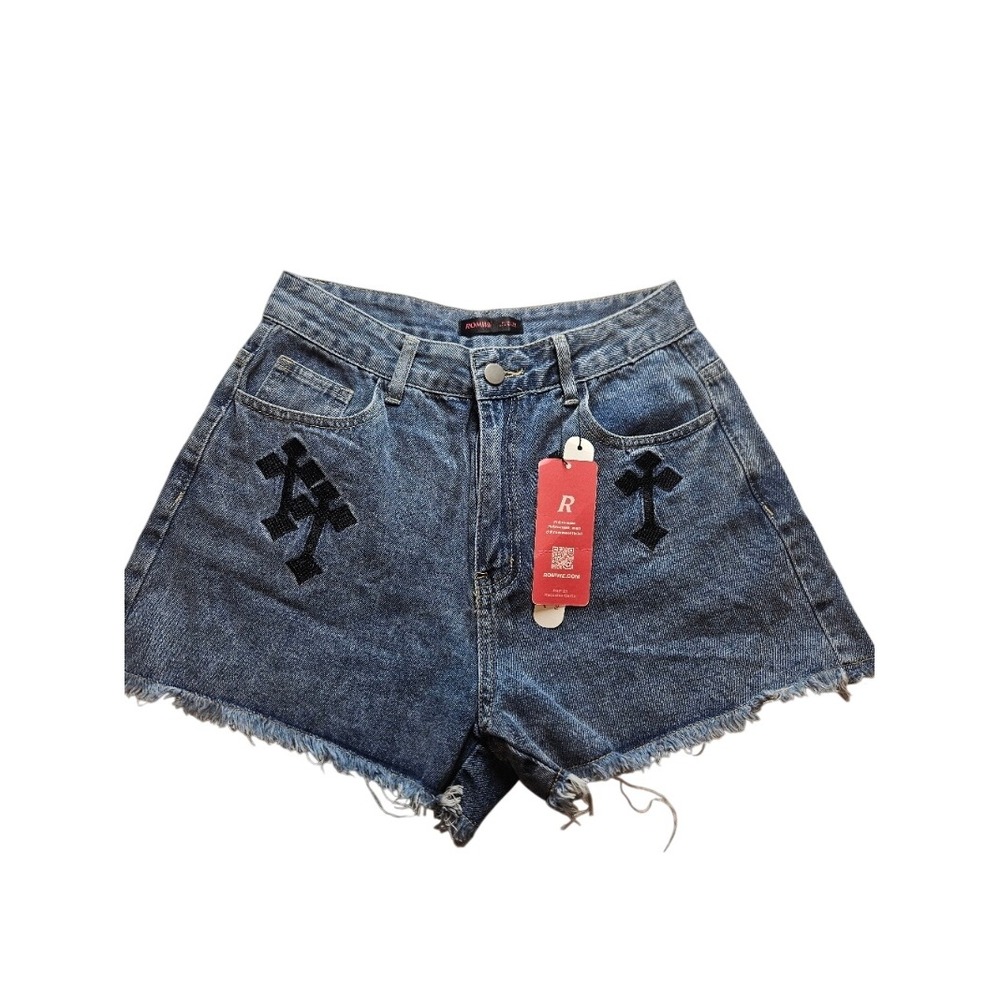 Romwe Womens Cross Patch Denim Shorts Acid Wash Raw Hem‎ Gothic Punk Blue Medium